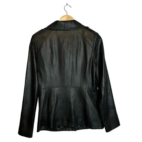 COLE HAAN Wing Collar Black Lambskin Leather Jacket Size 4 - Picture 6 of 17